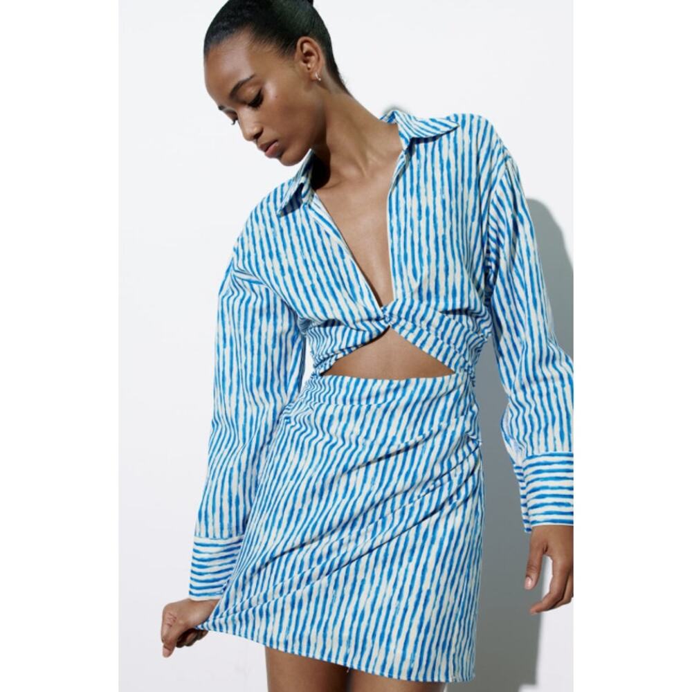 ZARA Striped Knot Cut Out Mini Dress Linen Blend Long Sleeve Blue/ White NWT - Picture 5 of 14